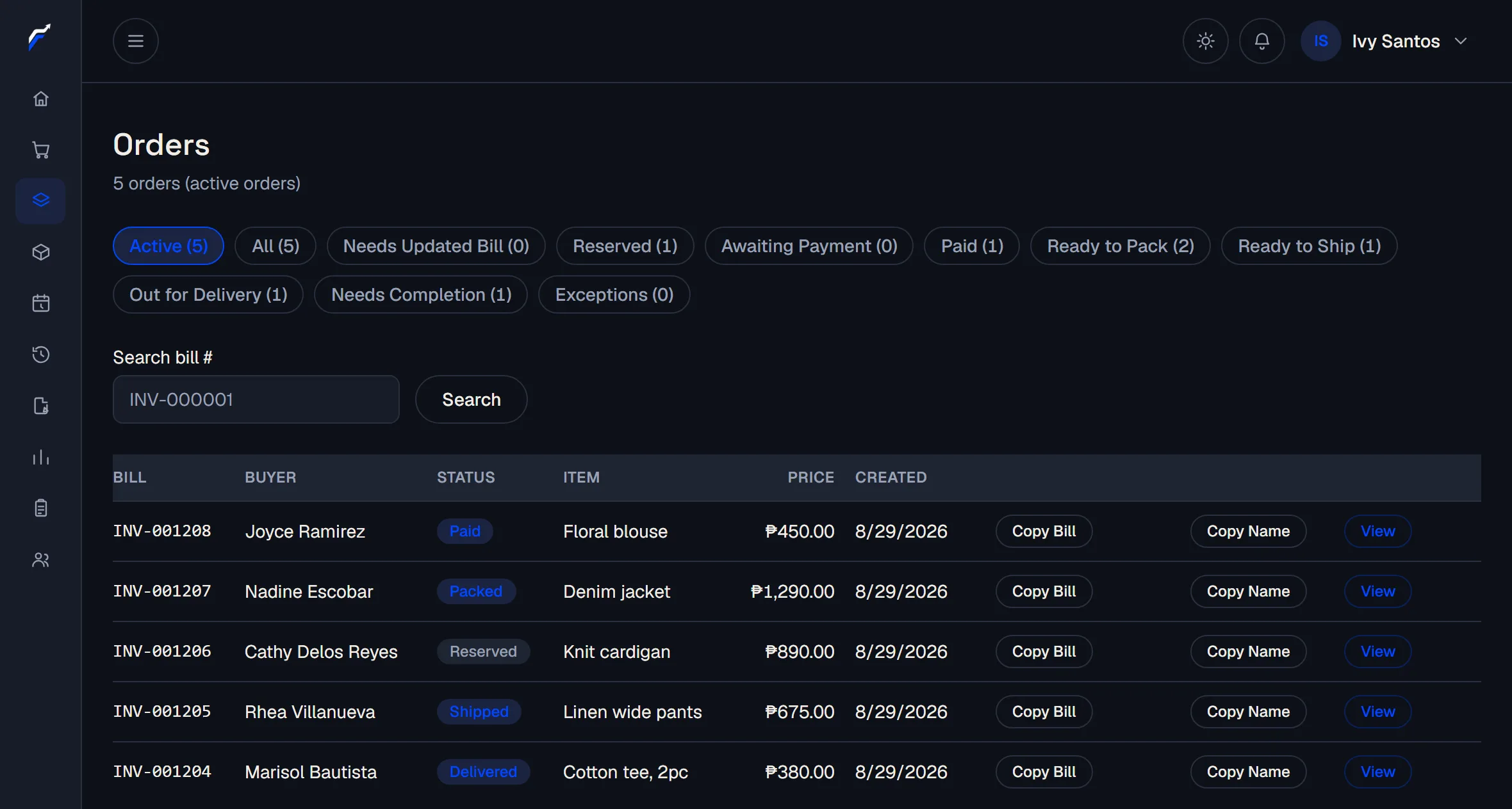 The FlexiBill Orders screen listing five orders with buyer names, statuses and peso totals